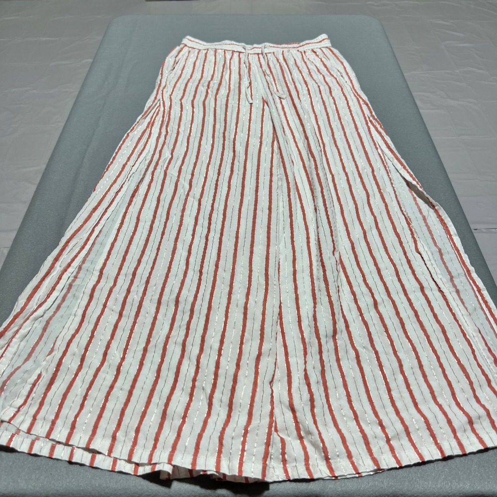 Onia Womens Wide Leg Striped Pants Orange White Gold Metallic Side Slit Medium